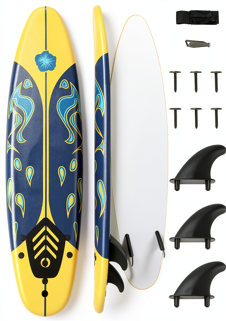 Goplus 6ft EPE foam surfboard being assembled on a wooden deck with fin tool and leash