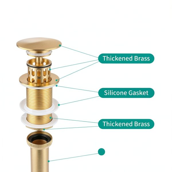 Bathroom Pop up Drain HEROBAI Brushed Gold Sink Strainer No Overflow-4