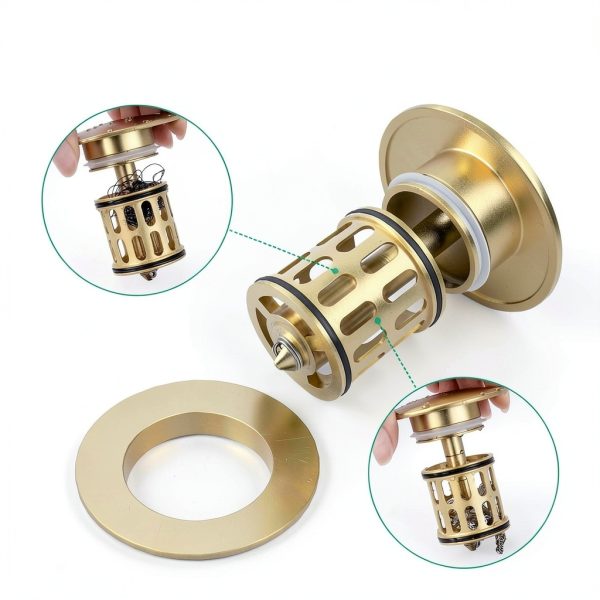 Bathroom Pop up Drain HEROBAI Brushed Gold Sink Strainer No Overflow-2