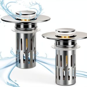 Bathroom Sink Stopper Nevellir 2‑Pack Universal Pop‑Up Chrome Brass-0