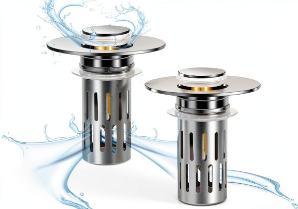 Bathroom Sink Stopper Nevellir 2‑Pack Universal Pop‑Up Chrome Brass-0